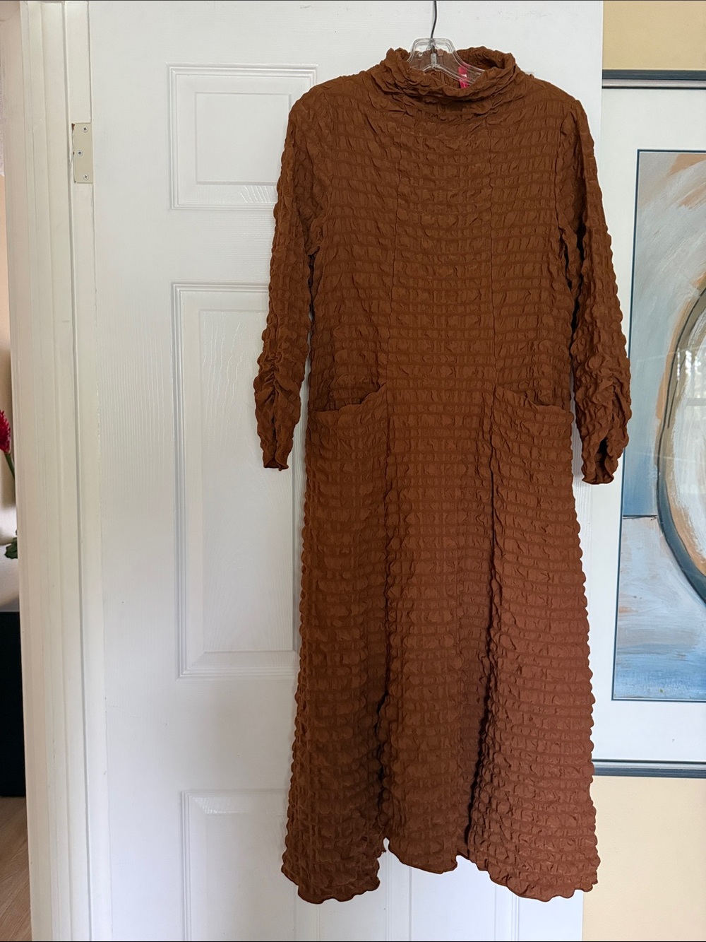 IC COLLECTION Bubble Check Pucker Textured 3/4 Sleeve Midi Dress Size XS